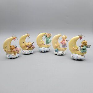 Heaven's Little Helpers Hanging Moon Angel Ornaments Porcelain Set of 5